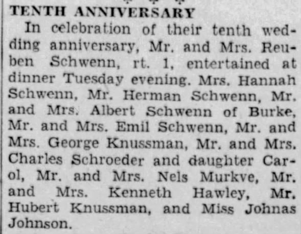 Reuben Schwenn 10th anniversary 1935